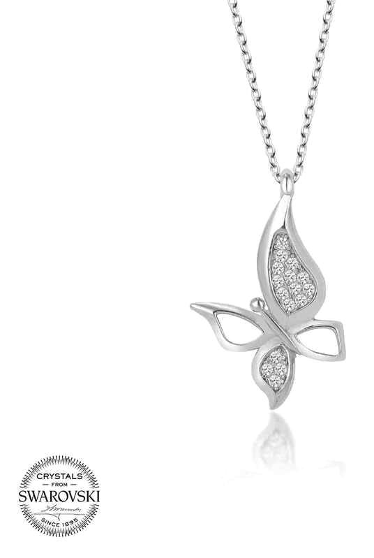 Supertrend Beyaz Swarovski Taşlı 925 Ayar Kararmayan Kelebek Zincir Kadın Gümüş Kolye 50 cm