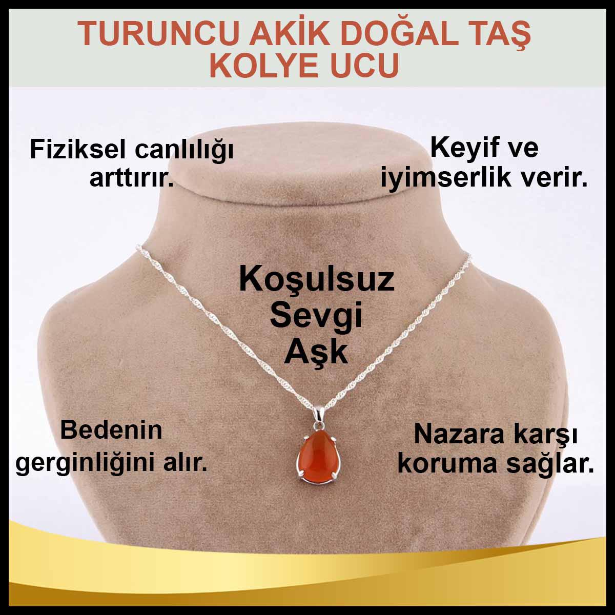 Osmanlı Doğal Taş Damla Turuncu Akik Taşlı 925 Ayar Kararmayan Zincir Kadın Gümüş Kolye 45 cm
