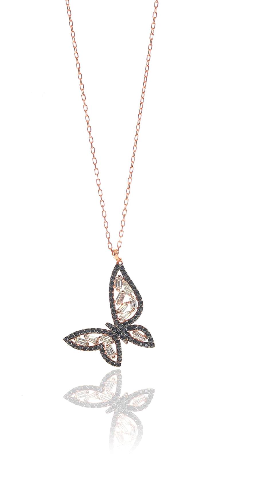 Söğütlü Silver Kelebek Siyah Oniks Zirkon Taşlı 925 Ayar Kararmayan Forse Zincir Kadın Gümüş Kolye 42 cm