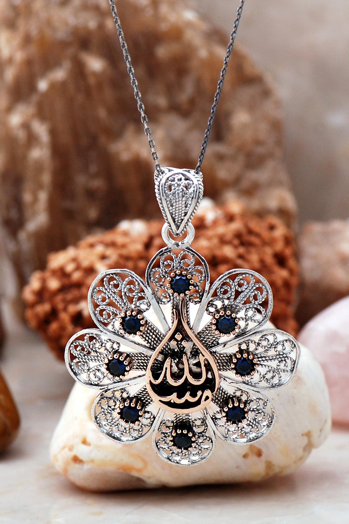 Sümer Telkari Yuvarlak Bordo Yeşil Safir Taşlı Kararmayan Çiçek Düz Zincir Kadın Gümüş Kolye 50 cm