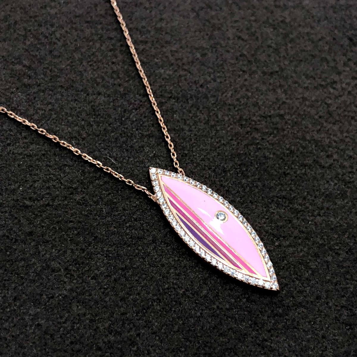 Midyat Nurtaş Gümüş Pembe Taşlı Yuvarlak Forse Zincir Kadın Gümüş Kolye 45 cm