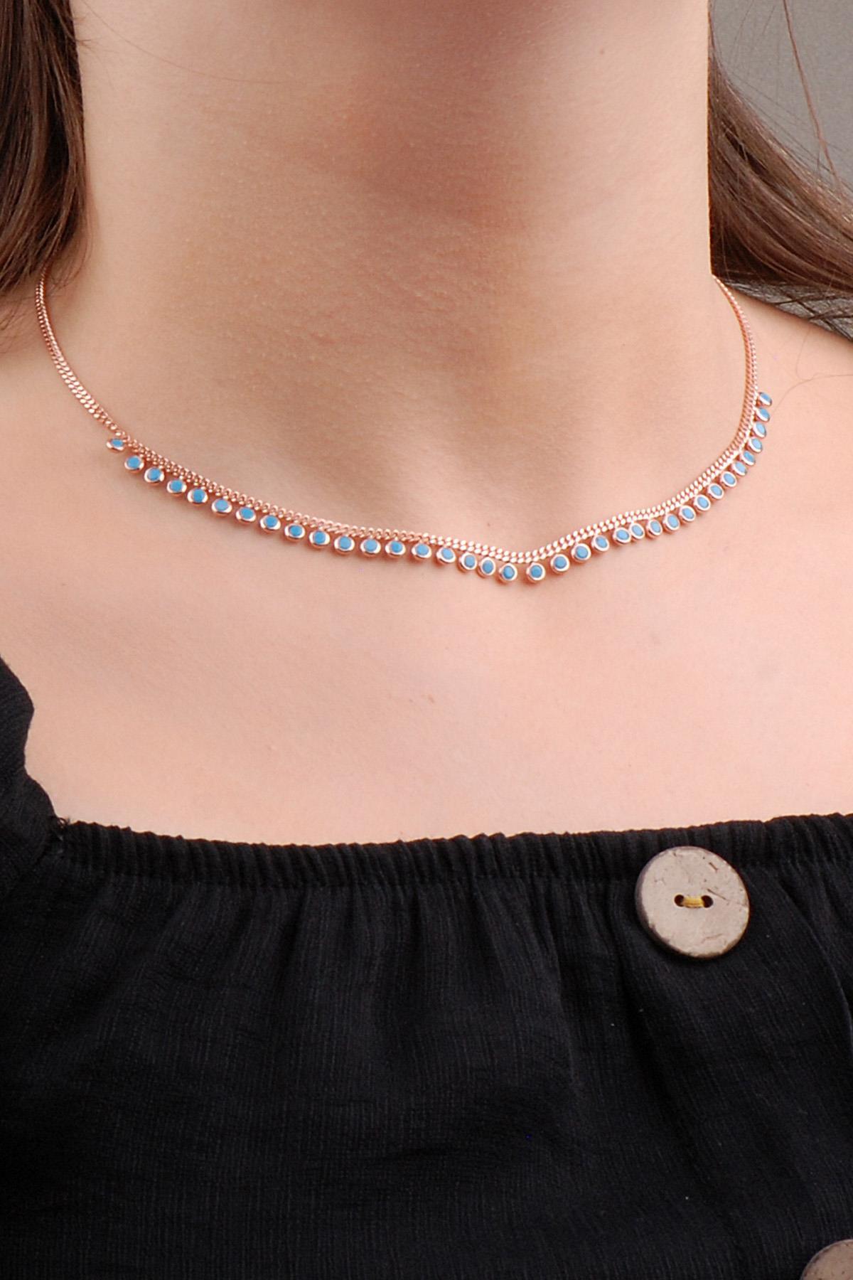 Sümer Telkari Nazar Mavi Firuze Taşlı Kararmayan Choker Yassı Zincir Kadın Gümüş Kolye 47 cm