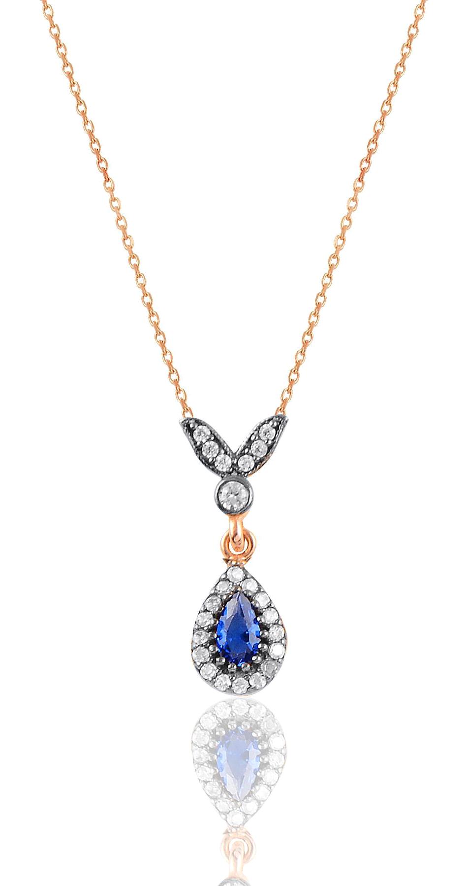Söğütlü Silver Mavi Beyaz Safir Zirkon Taşlı 925 Ayar Kararmayan Damla Forse Zincir Kadın Gümüş Kolye 45 cm