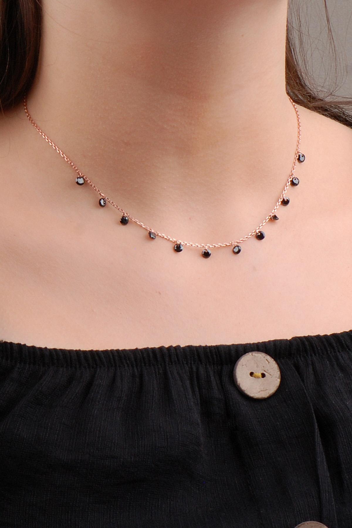 Sümer Telkari Kelebek Siyah Oniks Taşlı Kararmayan Choker Düz Zincir Kadın Gümüş Kolye 42 cm