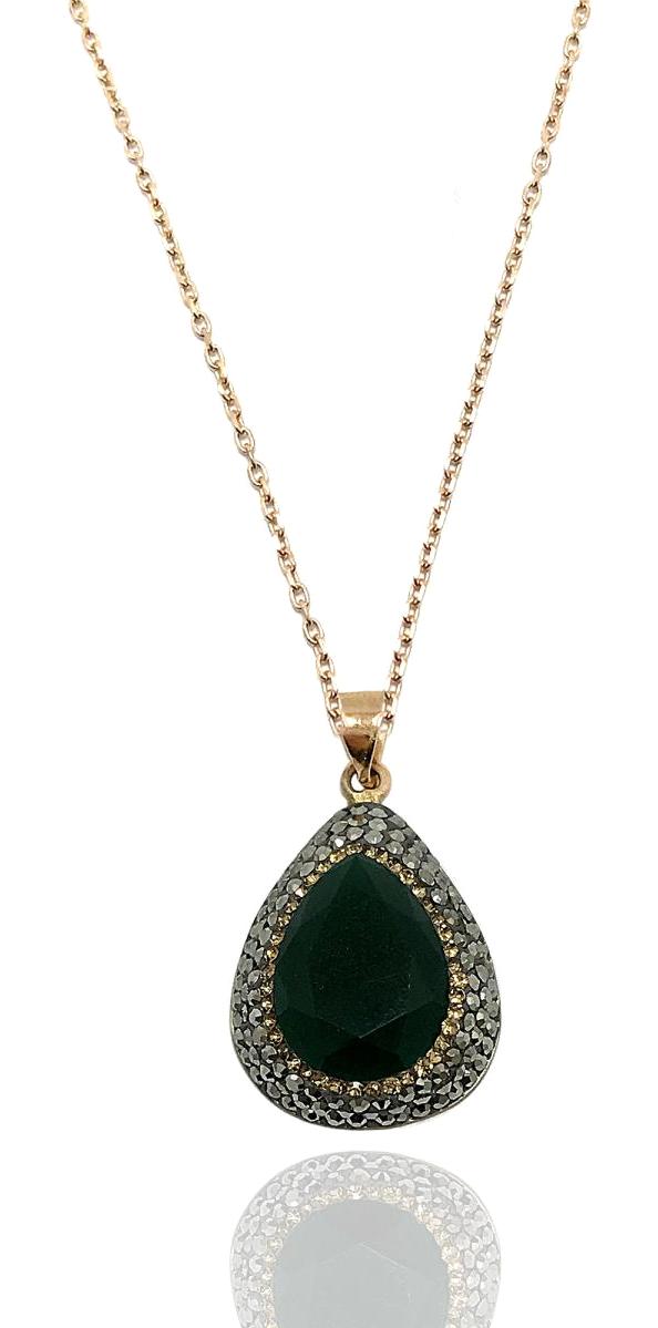 Midyat Nurtaş Gümüş Beyaz Swarovski Zümrüt Taşlı 925 Ayar Damla Forse Zincir Kadın Gümüş Kolye