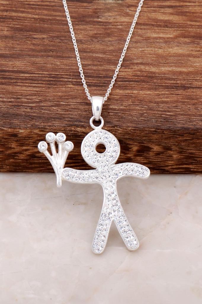 Sümer Telkari Beyaz Swarovski Taşlı Kararmayan Kalp Düz Zincir Kadın Gümüş Kolye 50 cm