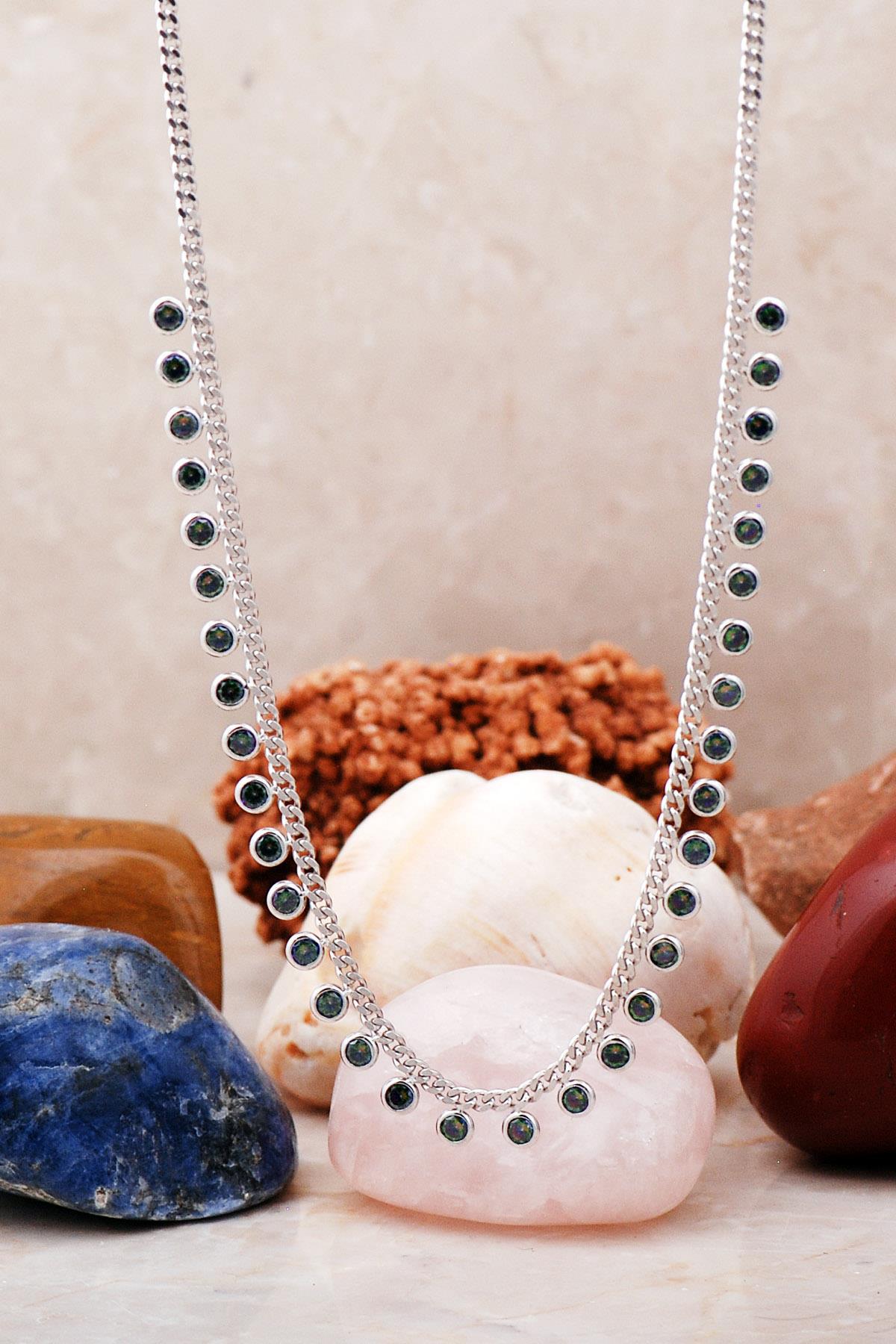 Sümer Telkari Yıldız Yeşil Topaz Taşlı Kararmayan Choker Yassı Zincir Kadın Gümüş Kolye 44 cm