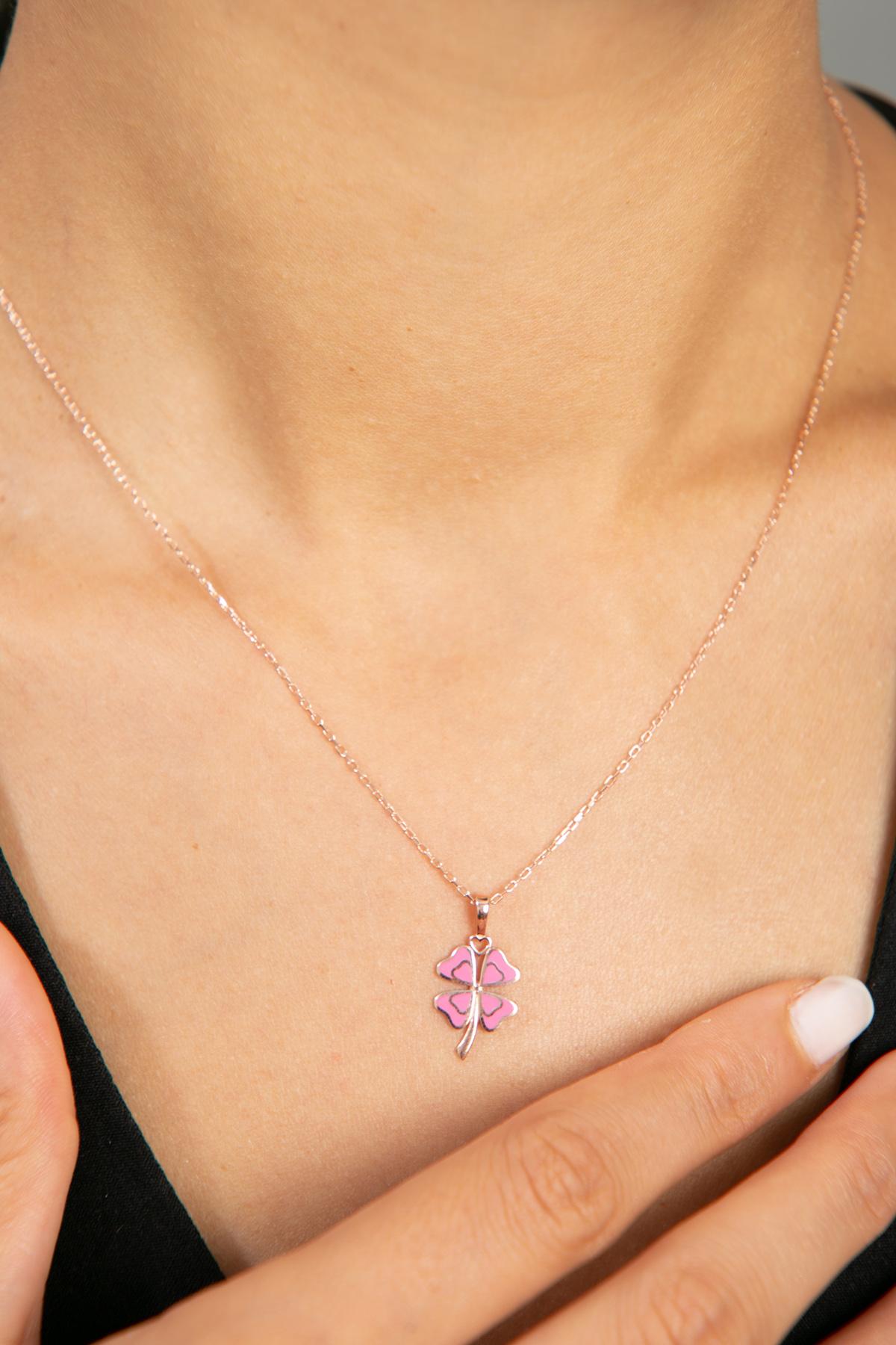 Elika Silver Kalp Pembe Zirkon 925 Ayar Kararmayan Düz Zincir Kadın Gümüş Kolye 45 cm