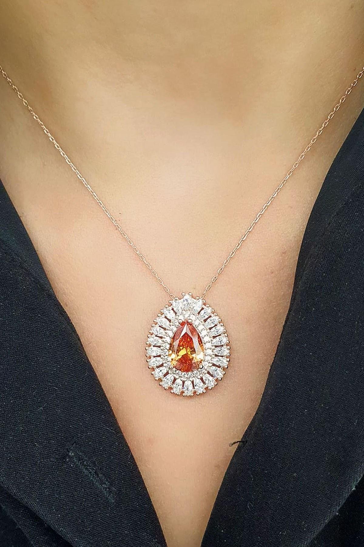 Oseshop Damla Turuncu Zirkon Taşlı 925 Ayar Kararmayan Forse Zincir Kadın Gümüş Kolye 45 cm
