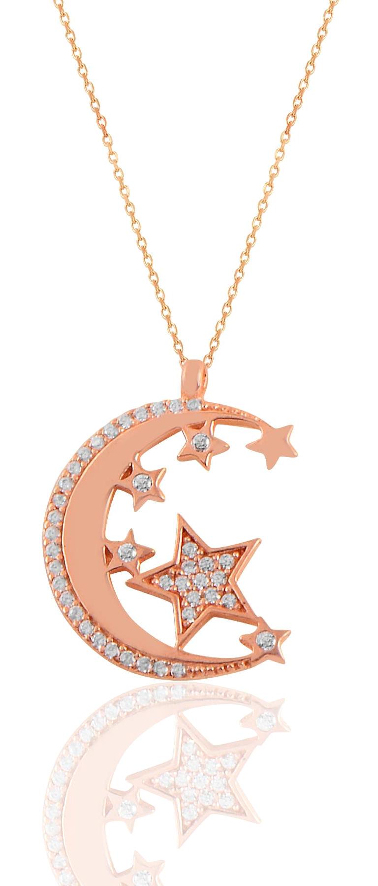 Söğütlü Silver Beyaz Zirkon Taşlı 925 Ayar Kararmayan Ay Yıldız Forse Zincir Kadın Gümüş Kolye 45 cm