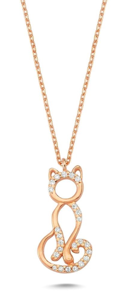 Online Takı Beyaz Zirkon Taşlı 925 Ayar Kararmayan Kedi Forse Zincir Kadın Gümüş Kolye 45 cm