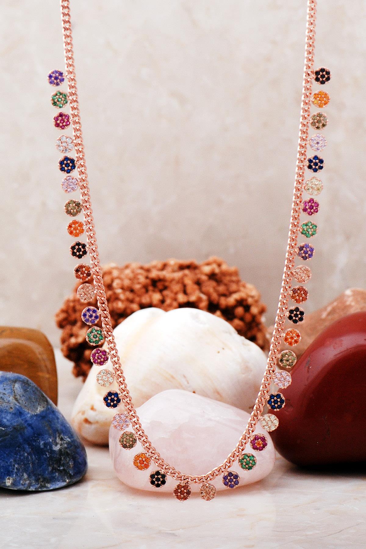 Sümer Telkari Ağaç Çok Renkli Mix Taşlı Kararmayan Choker Yassı Zincir Kadın Gümüş Kolye 48 cm