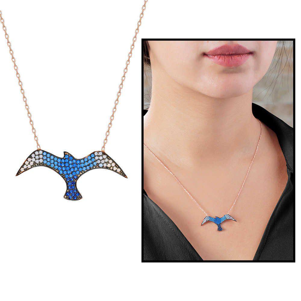 Tesbihane Mavi Zirkon Taşlı 925 Ayar Kararmayan Martı Zincir Kadın Gümüş Kolye 45 cm