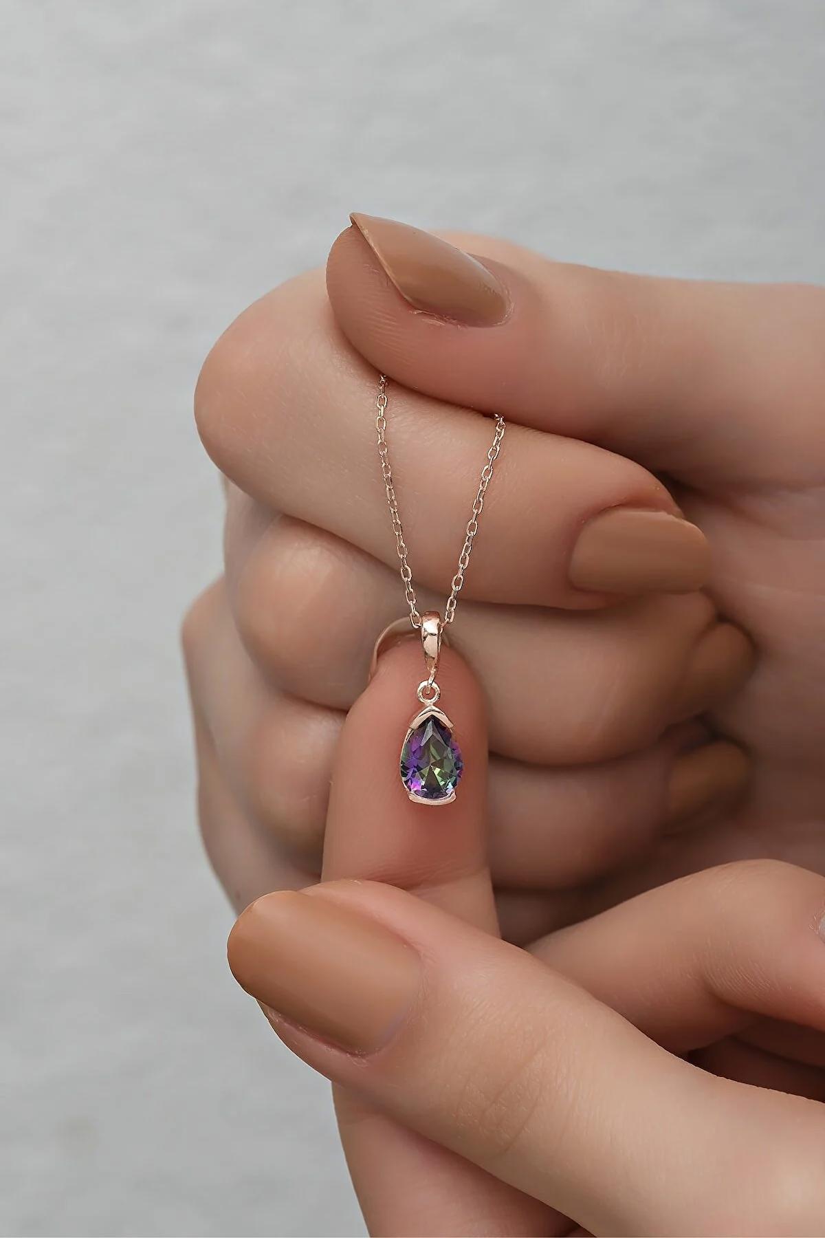 Nereze Damla Çok Renkli Topaz Taşlı 925 Ayar Kararmayan Forse Zincir Kadın Gümüş Kolye 42 cm