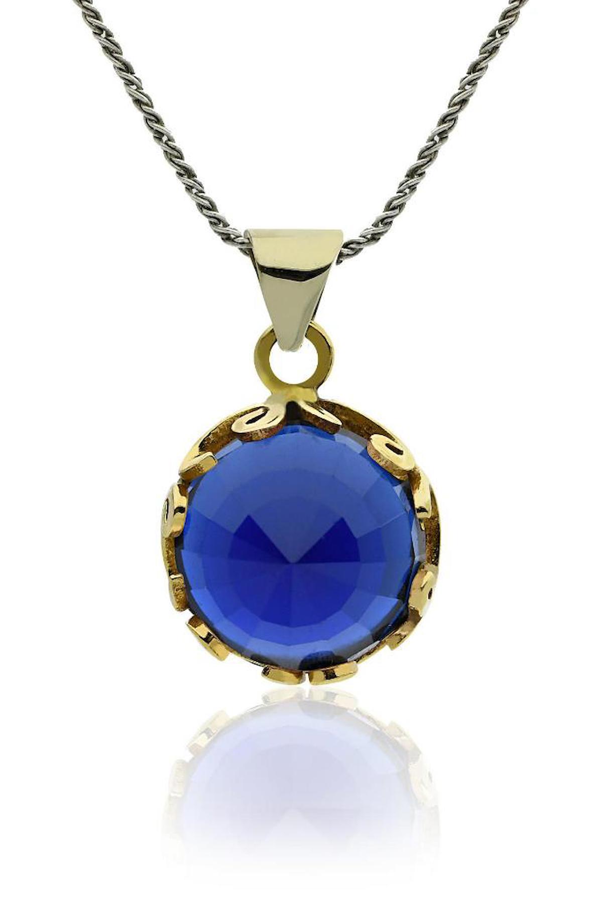 Roza Silver Yuvarlak Lacivert Safir Taşlı 925 Ayar Kararmayan Burgu Zincir Kadın Gümüş Kolye 45 cm