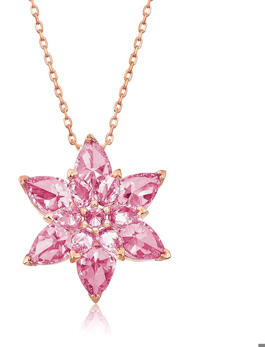 Gumush Lotus Çiçeği Pembe Zirkon Taşlı 925 Ayar Kararmayan Forse Zincir Kadın Gümüş Kolye 45 cm