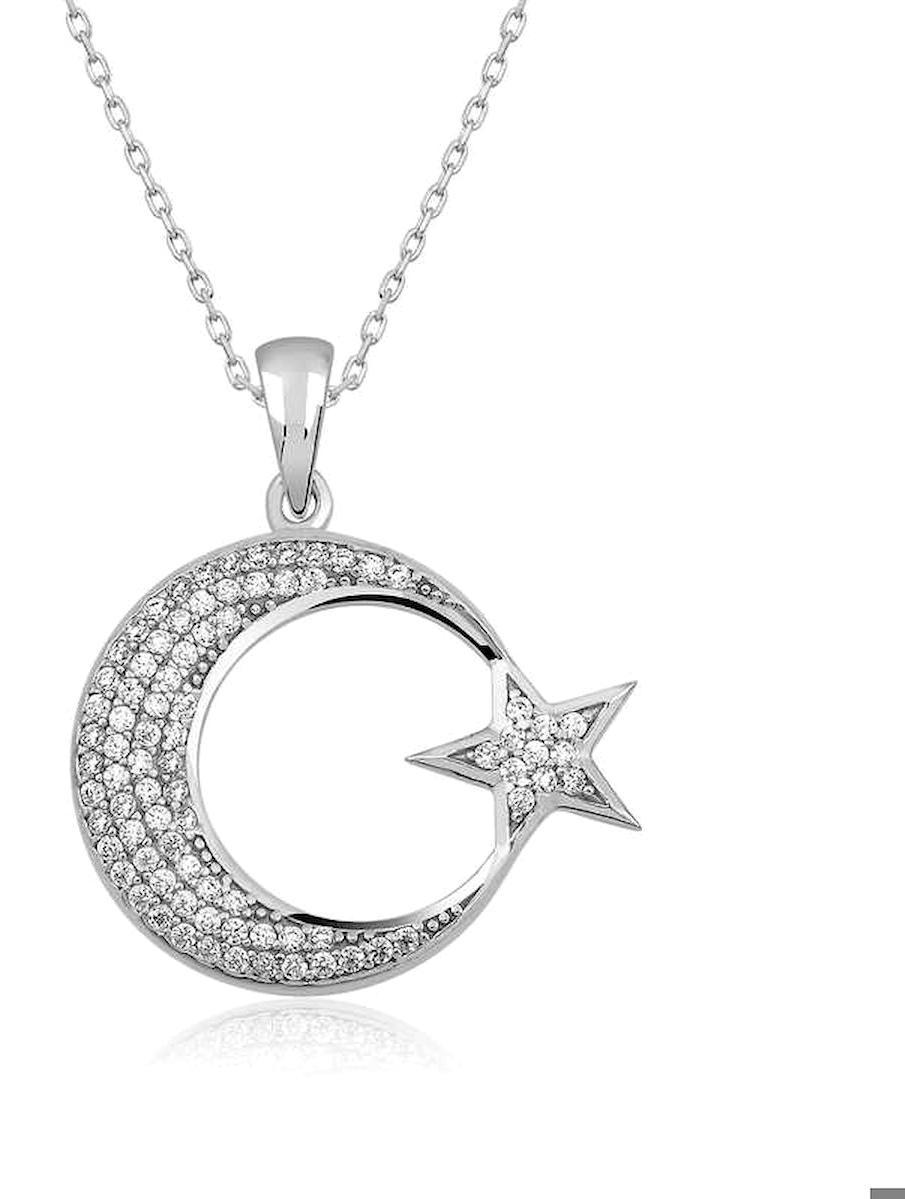 Gumush Ay Yıldız Beyaz Zirkon Taşlı 925 Ayar Kararmayan Yuvarlak Forse Zincir Kadın Gümüş Kolye 45 cm