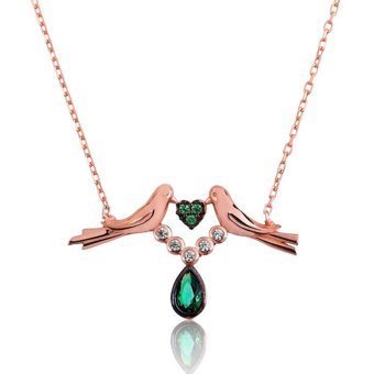 Serra Jewels Kuşlu Beyaz - Yeşil Zirkon Taşlı 925 Ayar Kararmayan Damla Forse Zincir Kadın Gümüş Kolye 45 cm