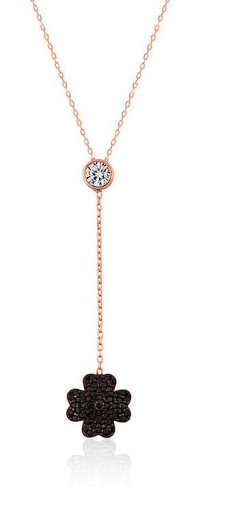 Serra Jewels Yoncalı Siyah Zirkon Taşlı 925 Ayar Kararmayan Forse Zincir Kadın Gümüş Kolye 45 cm