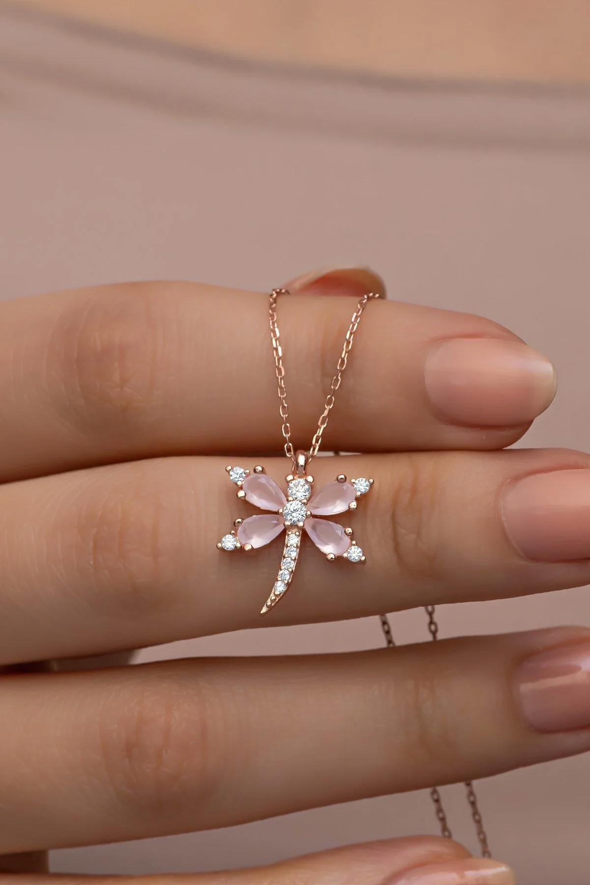 Nereze Yusufçuk Beyaz-Pembe Zirkon Taşlı 925 Ayar Kararmayan Forse Zincir Kadın Gümüş Kolye 42 cm