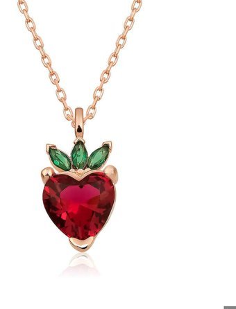 Serra Jewels Çilek Figürlü Kırmızı-Yeşil Zirkon Taşlı 925 Ayar Kararmayan Forse Zincir Kadın Gümüş Kolye 45 cm