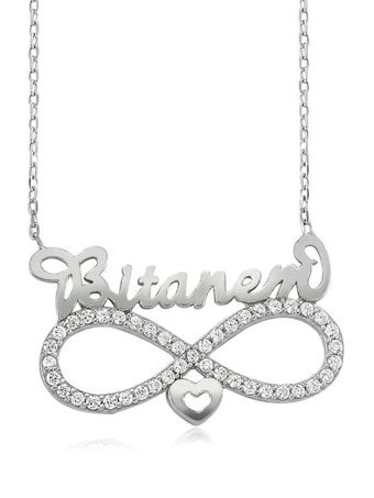 Serra Jewels Kalpli - Yazılı Beyaz Zirkon Taşlı 925 Ayar Kararmayan Sonsuzluk Forse Zincir Kadın Gümüş Kolye 45 cm