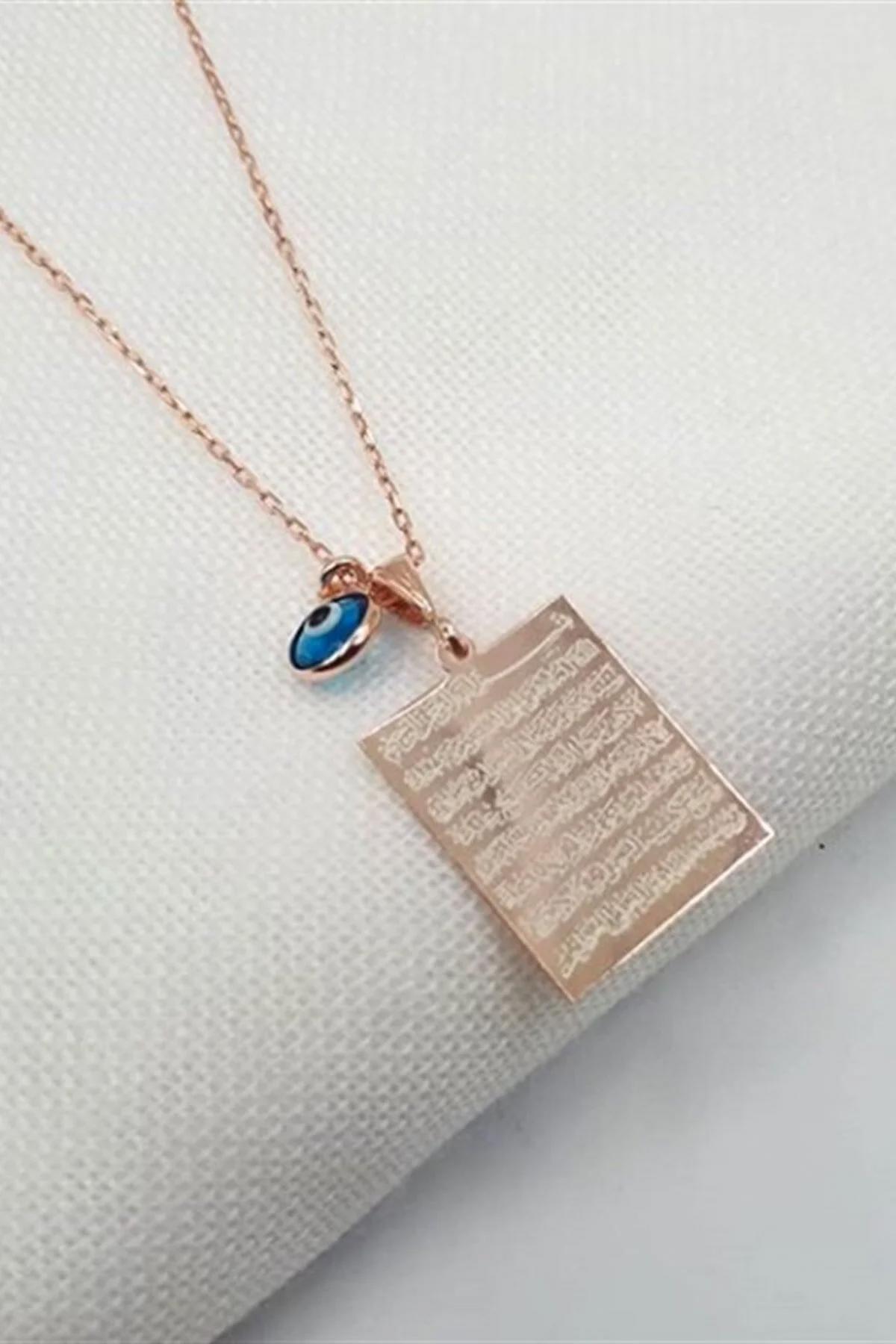 Nereze Ayetel Kürsi Rose Zirkon Taşlı 925 Ayar Altın Kaplama Kararmayan Plaka Forse Zincir Kadın Gümüş Kolye 42 cm