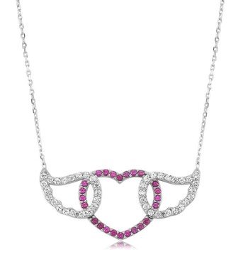 Serra Jewels Kanatlı Beyaz-Pembe Zirkon Taşlı 925 Ayar Kararmayan Kalpli Forse Zincir Kadın Gümüş Kolye 45 cm