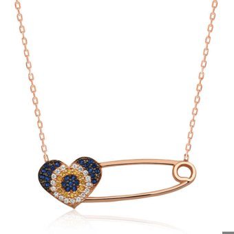 Serra Jewels Çengelli İğne Çok Renkli Zirkon Taşlı 925 Ayar Kararmayan Kalpli Forse Zincir Kadın Gümüş Kolye 45 cm