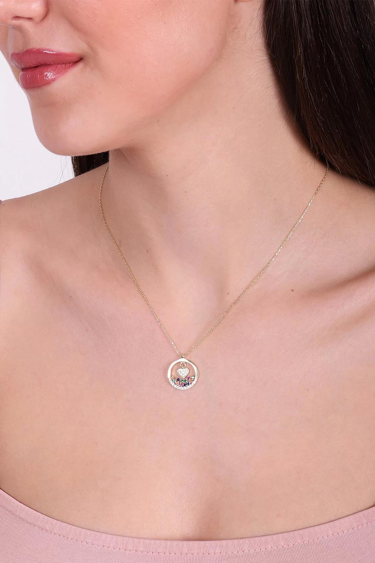 İpek Silver Kalpli Gri Zirkon Taşlı 925 Ayar Altın Kaplama Kararmayan Halat Zincir Kadın Gümüş Kolye 45 cm