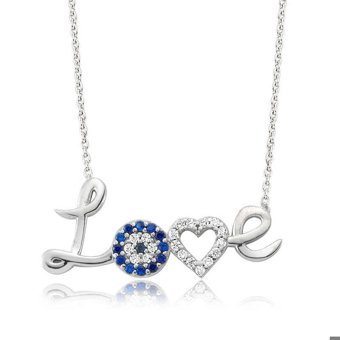 Serra Jewels Love Yazılı Beyaz-Mavi Zirkon Taşlı 925 Ayar Kararmayan Forse Zincir Kadın Gümüş Kolye 45 cm