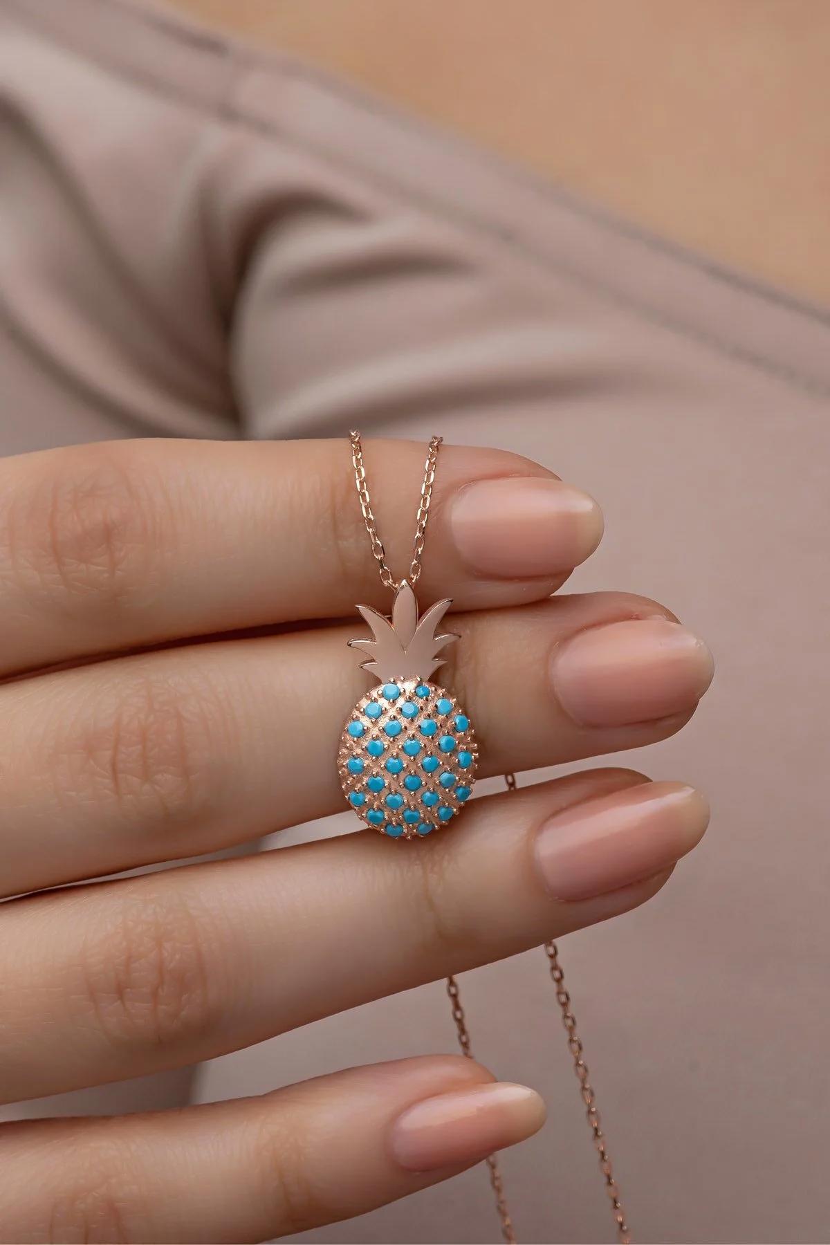 Nereze Ananas Figürlü Mavi Firuze Taşlı 925 Ayar Kararmayan Forse Zincir Kadın Gümüş Kolye 42 cm