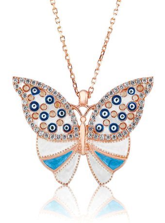 Serra Jewels Nazar Boncuklu Beyaz Zirkon Taşlı 925 Ayar Kararmayan Kelebek Forse Zincir Kadın Gümüş Kolye 45 cm