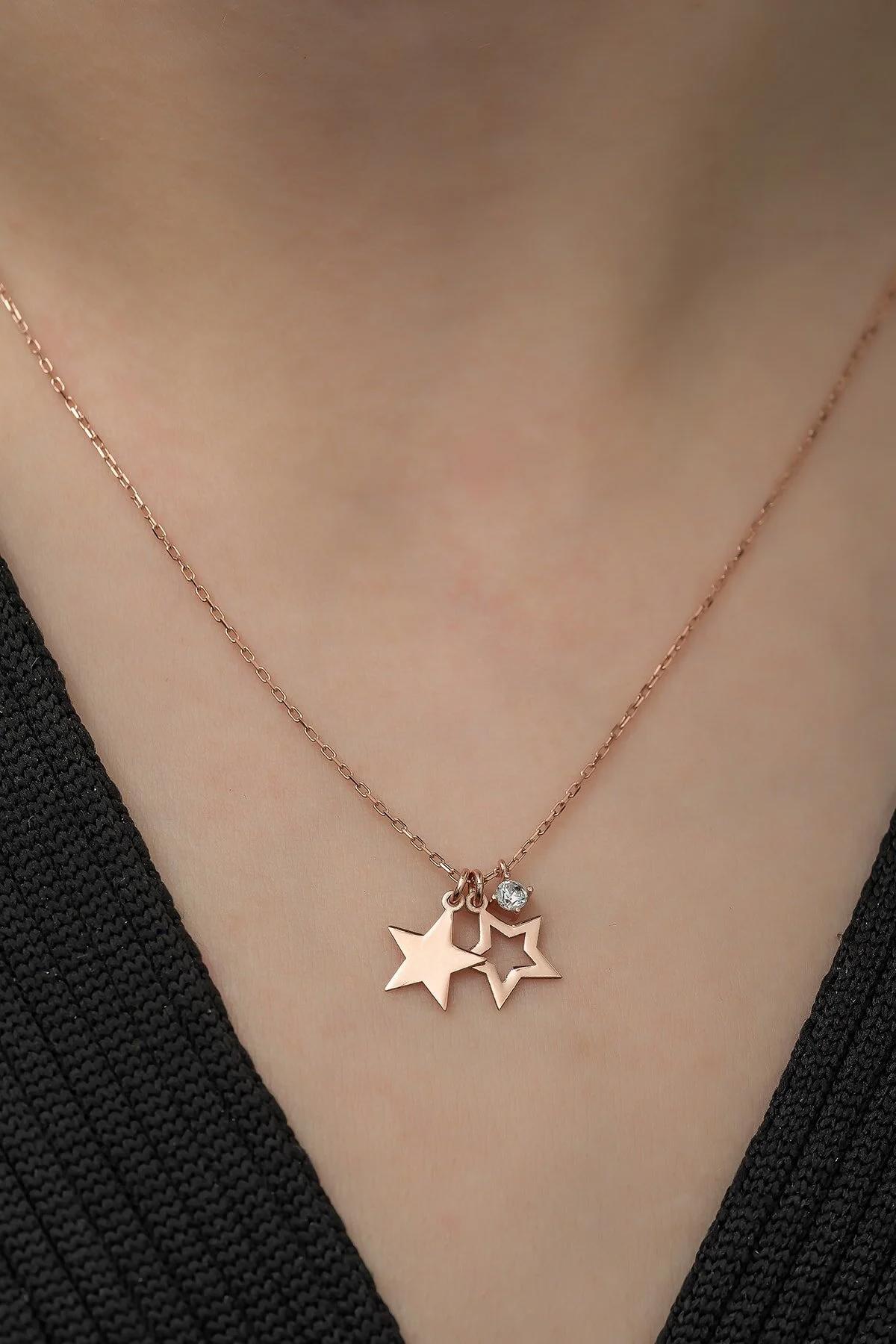 Nereze Çift Yıldız Rose Zirkon Taşlı 925 Ayar Altın Kaplama Kararmayan Forse Zincir Kadın Gümüş Kolye 42 cm