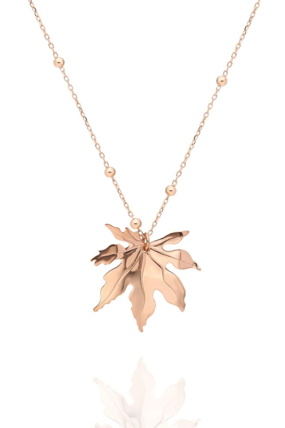 Nereze Çınar Yaprağı Rose Zirkon Taşlı 925 Ayar Altın Kaplama Kararmayan Forse Zincir Kadın Gümüş Kolye 42 cm