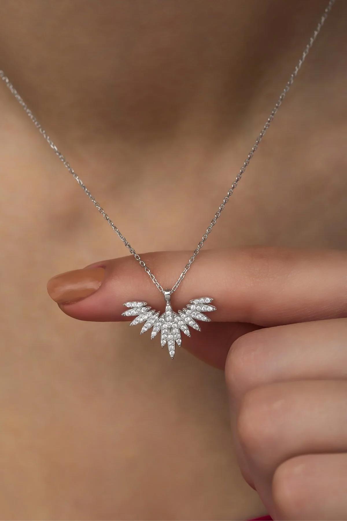 Nereze Zümrüd-ü Anka Kuşu Beyaz Zirkon Taşlı 925 Ayar Kararmayan Forse Zincir Kadın Gümüş Kolye 42 cm