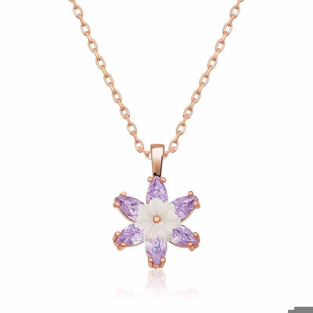Gumush Lotus Çiçeği Lila Zirkon Taşlı 925 Ayar Kararmayan Forse Zincir Kadın Gümüş Kolye 45 cm