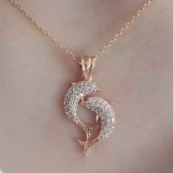 Serra Jewels Çift Yunus Balığı Beyaz Zirkon Taşlı 925 Ayar Kararmayan Forse Zincir Kadın Gümüş Kolye 45 cm