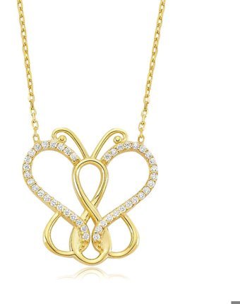 Serra Jewels Kelebekli Beyaz Zirkon Taşlı 925 Ayar Kararmayan Kalpli Forse Zincir Kadın Gümüş Kolye 45 cm