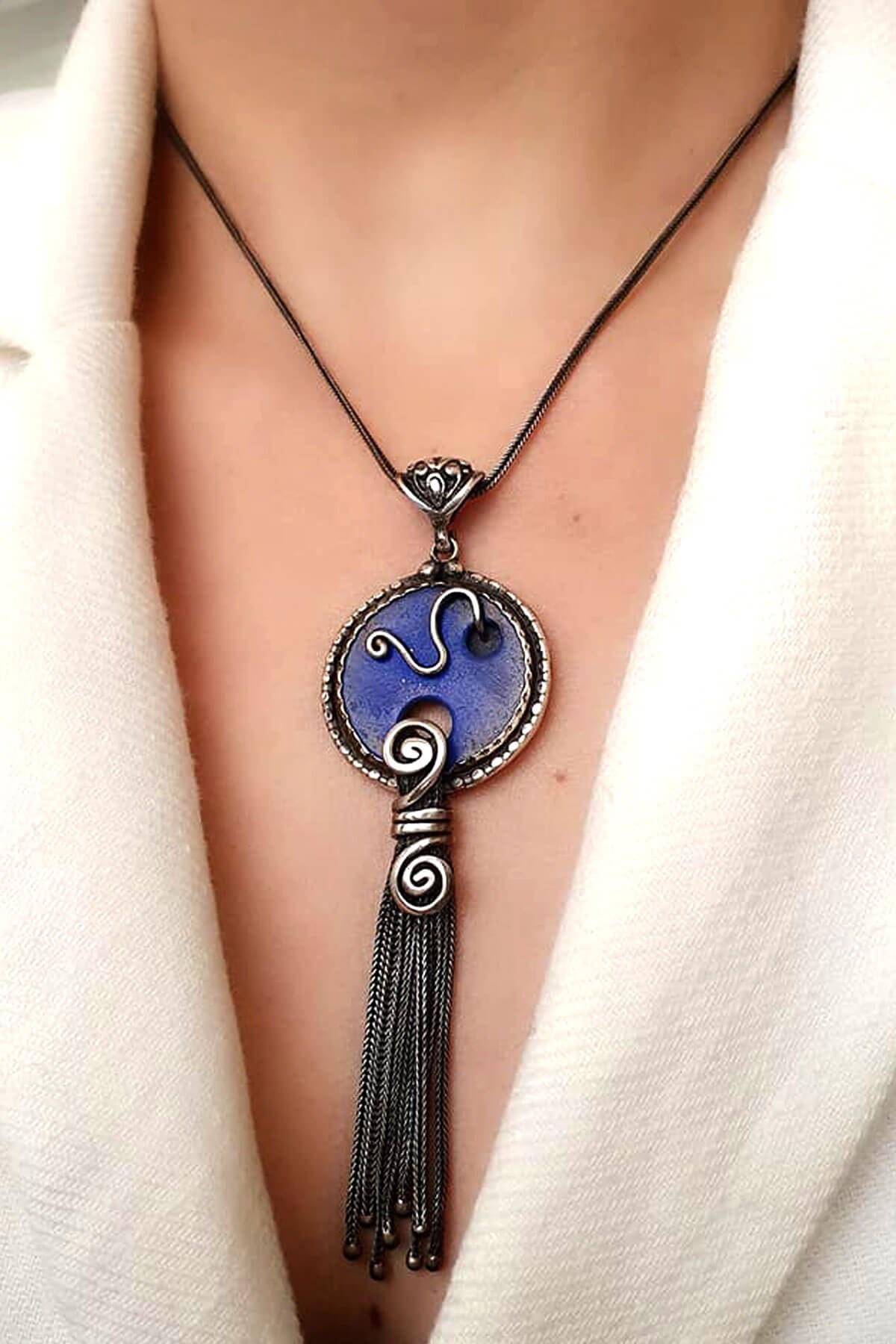 Oseshop Mavi Lapis Taşlı 925 Ayar Forse Zincir Kadın Gümüş Kolye 50 cm