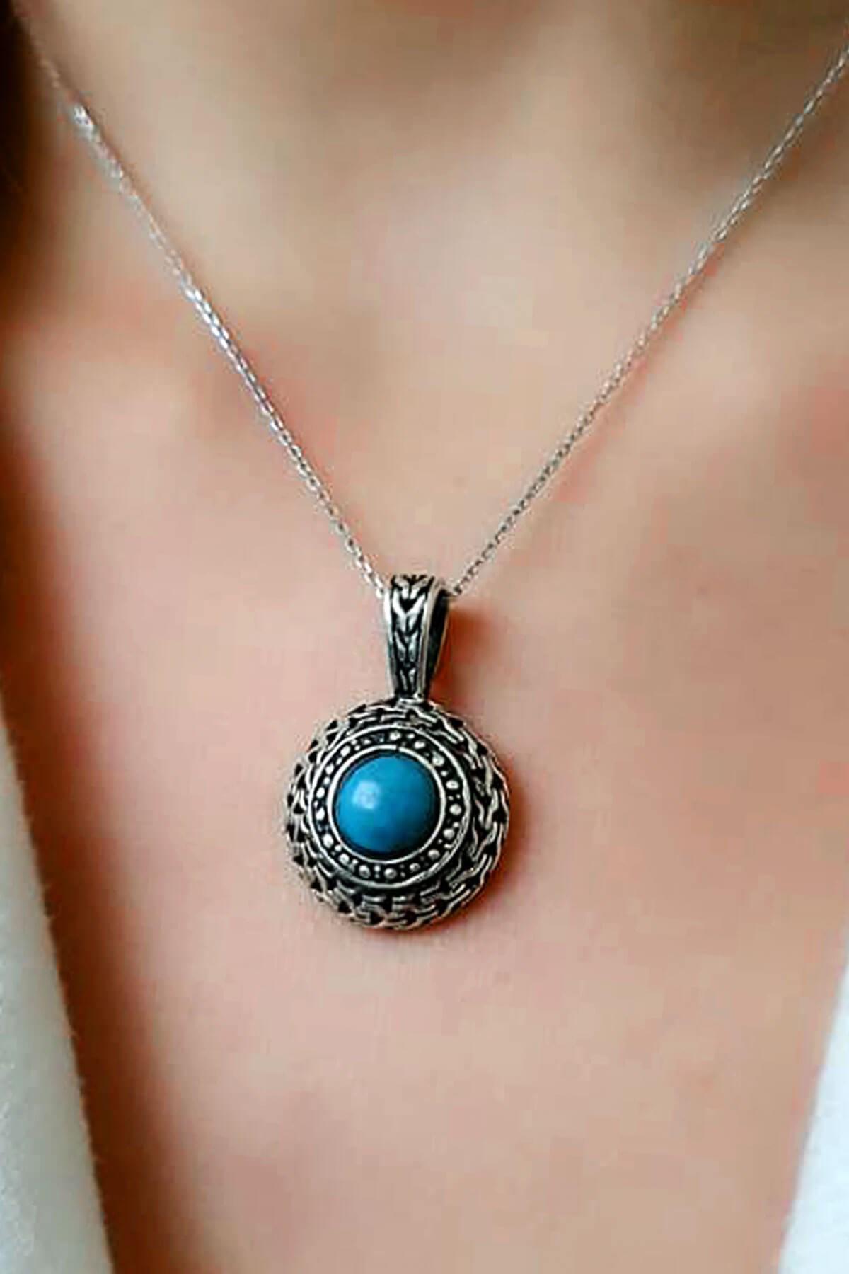 Oseshop Yuvarlak Turkuaz Firuze Taşlı 925 Ayar Kararmayan Figürlü Forse Zincir Kadın Gümüş Kolye 45 cm