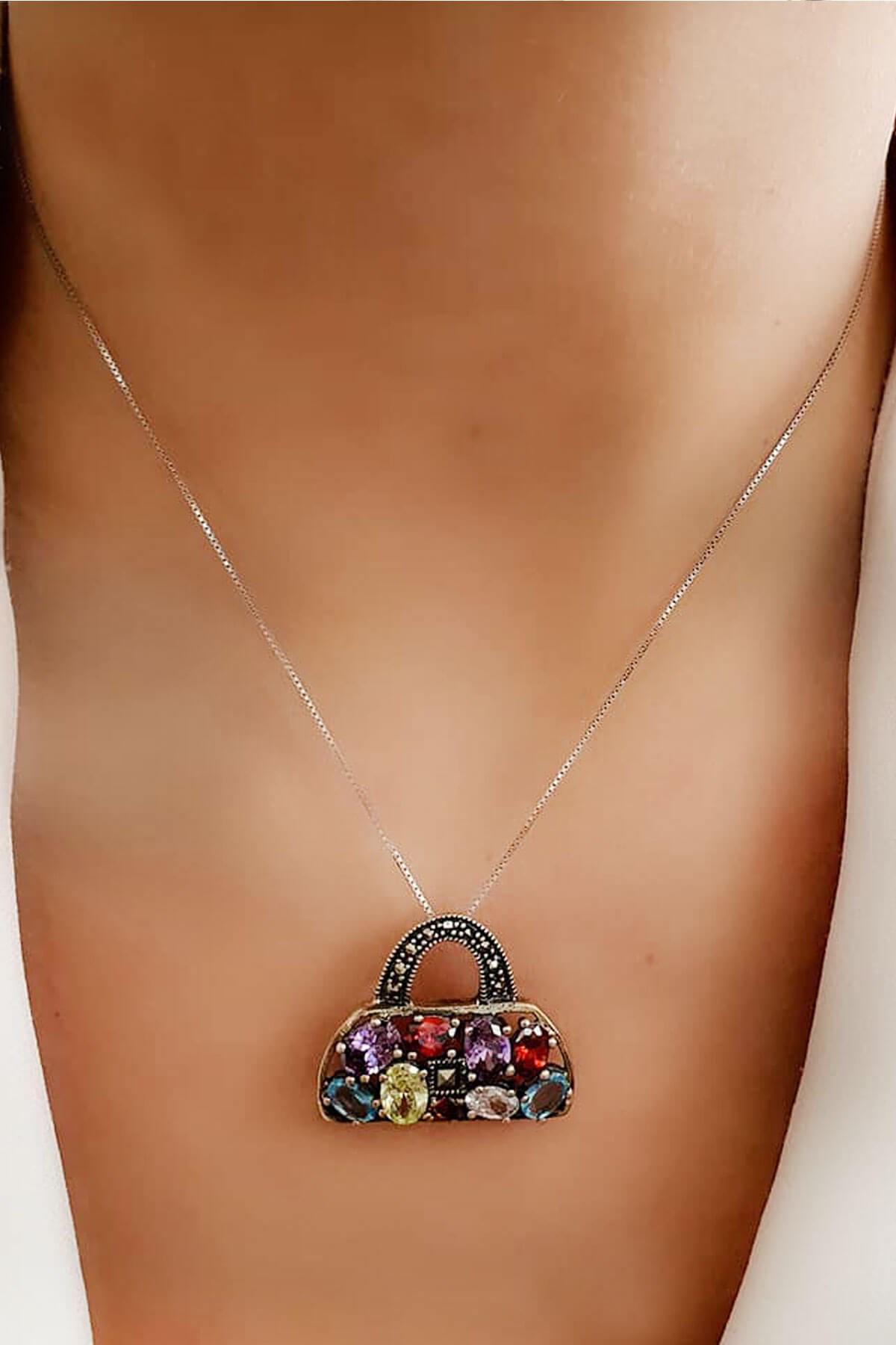 Oseshop Çanta Çok Renkli Zirkon Taşlı 925 Ayar Kararmayan Figürlü Forse Zincir Kadın Gümüş Kolye 45 cm