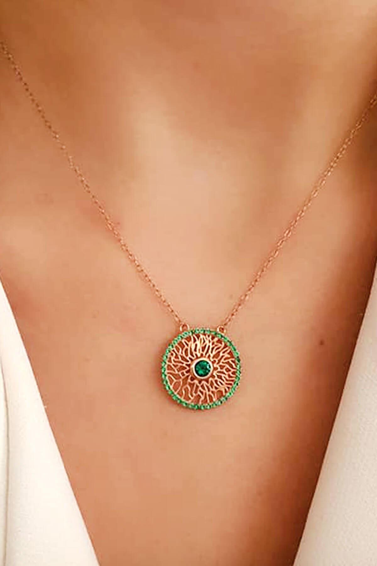 Oseshop Taşlı Beyaz Yeşil Zirkon Taşlı 925 Ayar Kararmayan Forse Zincir Kadın Gümüş Kolye 45 cm