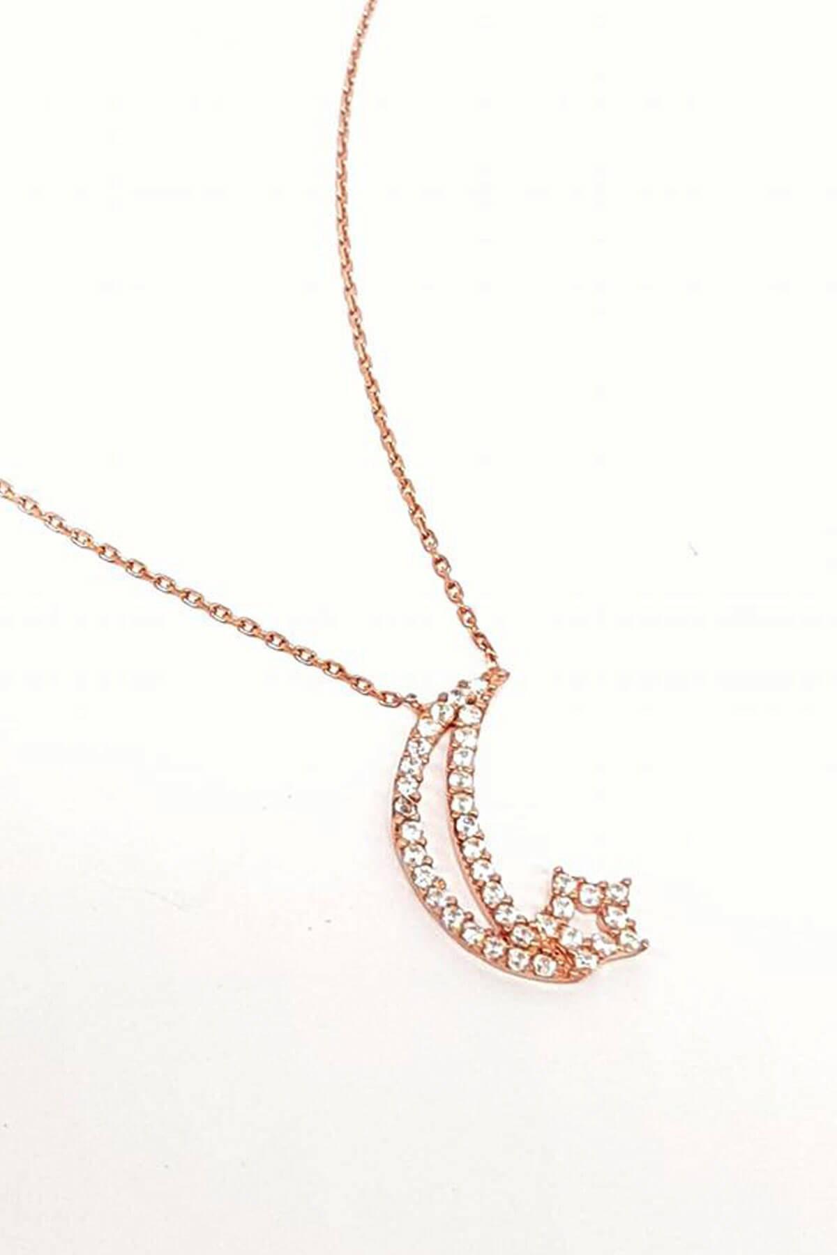 Oseshop Ay Yıldız Beyaz Zirkon Taşlı 925 Ayar Kararmayan Figürlü Forse Zincir Kadın Gümüş Kolye 45 cm