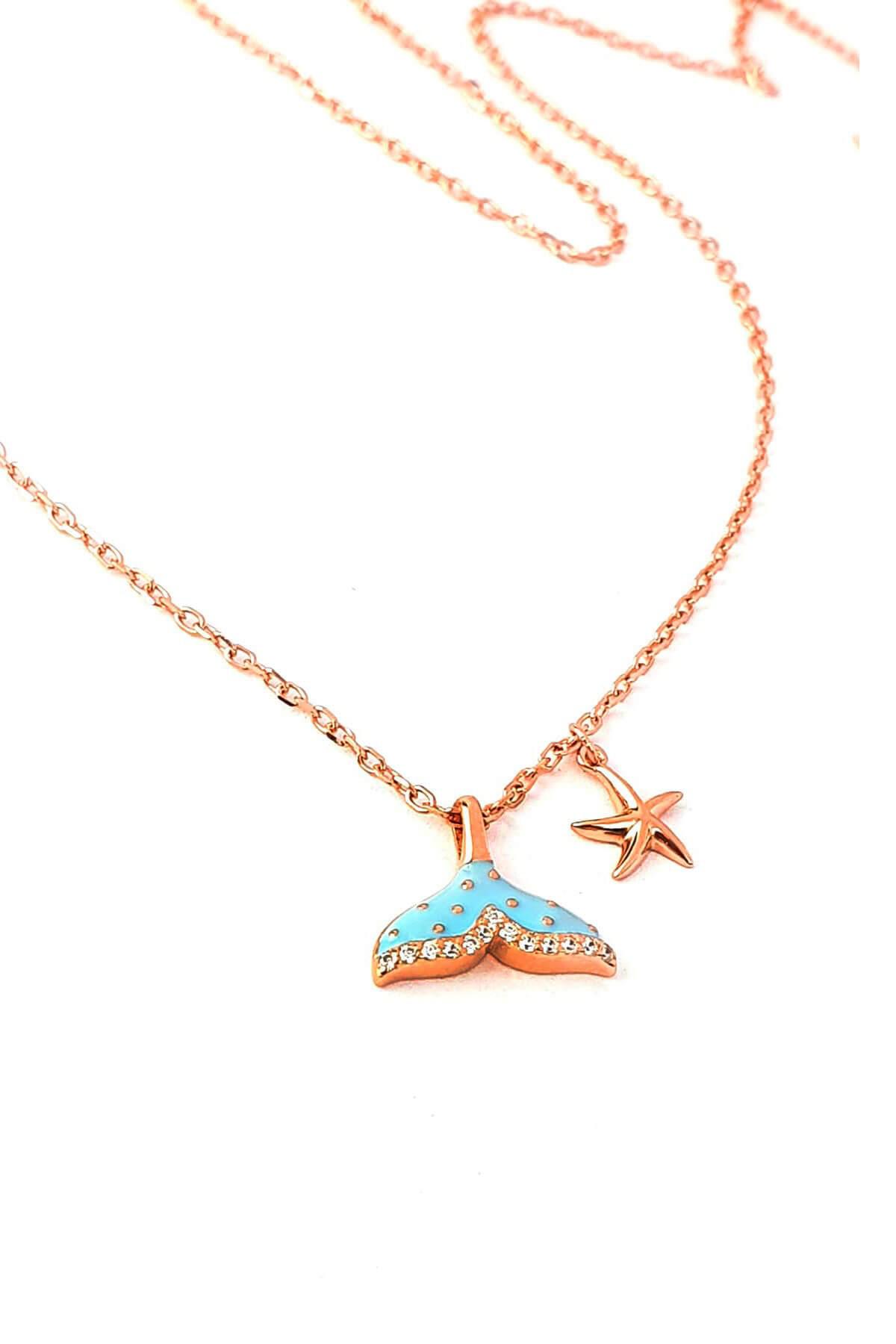 Oseshop Balık Kuyruğu Deniz Yıldızı Mavi Zirkon Taşlı 925 Ayar Kararmayan Figürlü Forse Zincir Kadın Gümüş Kolye 45 cm