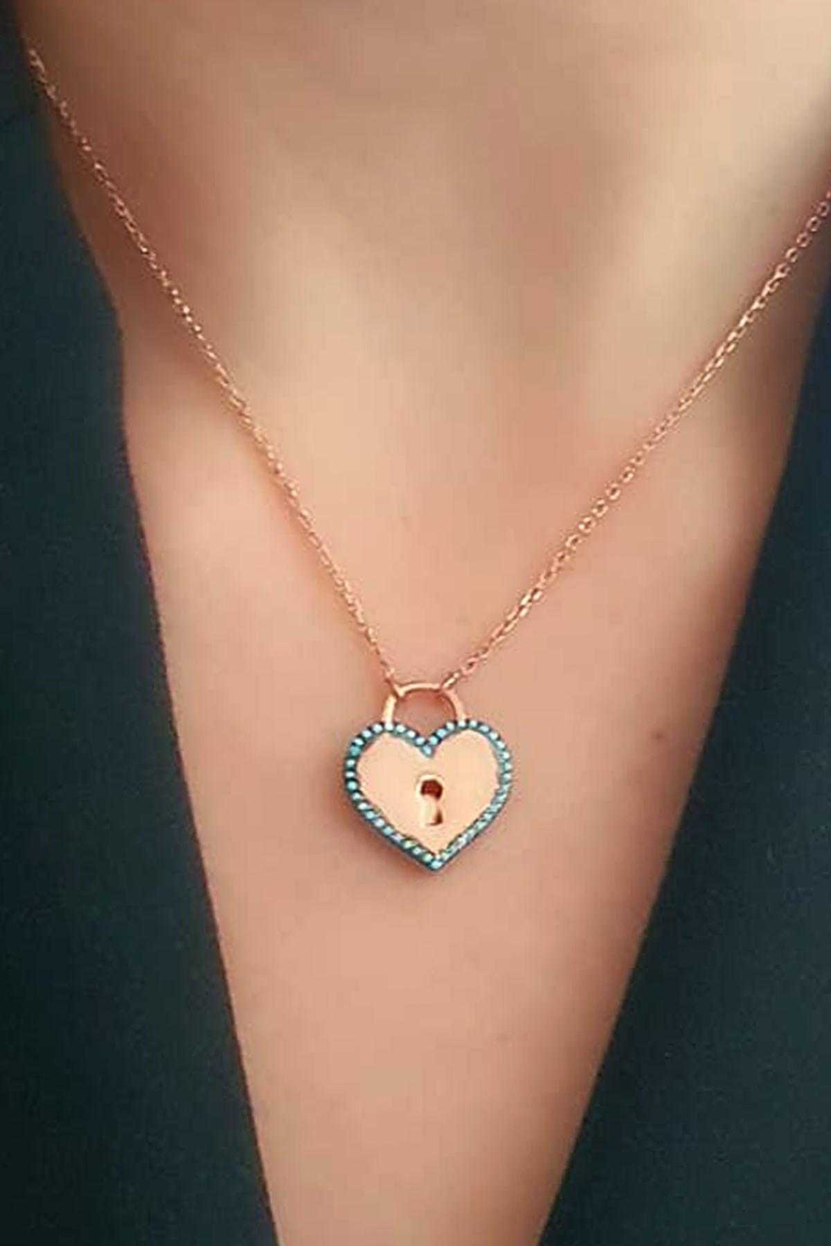 Oseshop Kalp Turkuaz Firuze Taşlı 925 Ayar Kararmayan Kalpli Forse Zincir Kadın Gümüş Kolye 45 cm