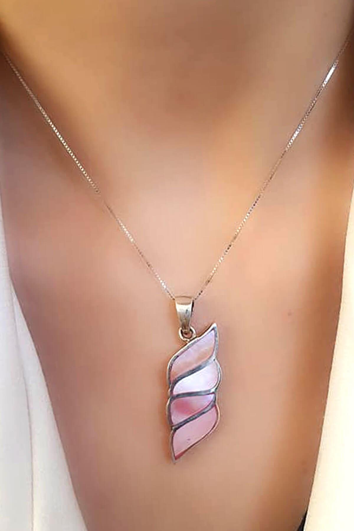 Oseshop Pembe Sedef Taşlı 925 Ayar Kararmayan Forse Zincir Kadın Gümüş Kolye 45 cm