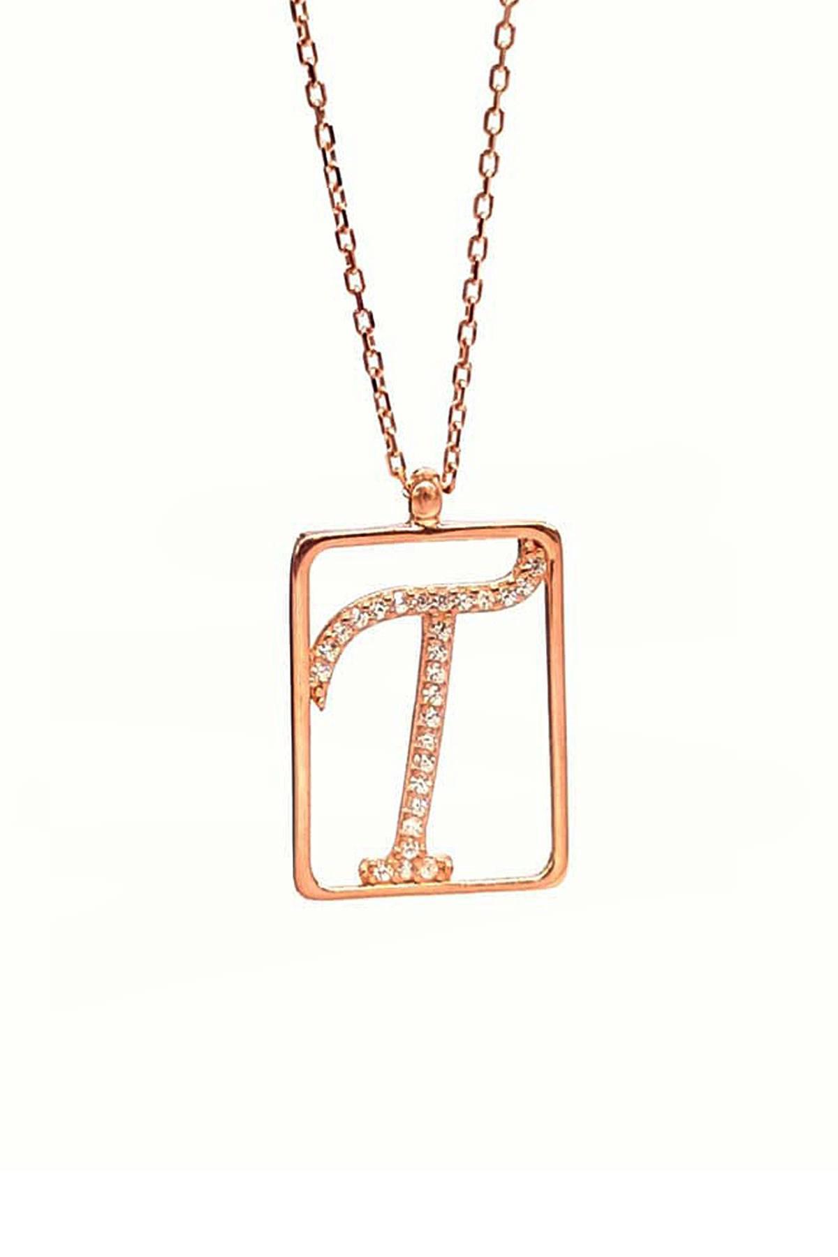 Oseshop Beyaz Taşlı T Harfli Harfli Forse Zincir Kadın Gümüş Kolye 45 cm