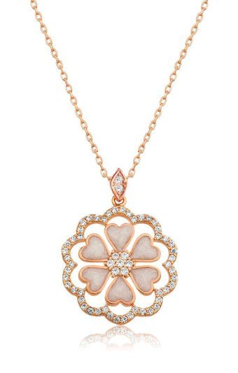 Gumush Kalpli Beyaz-Pembe Mine - Zirkon Taşlı 925 Ayar Altın Kaplama Kararmayan Forse Zincir Kadın Gümüş Kolye 45 cm