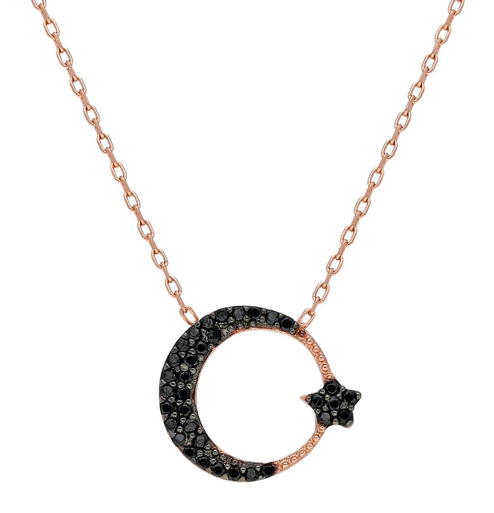 Chavin Jewelry Ay Yıldızlı Siyah Zirkon Taşlı 925 Ayar Altın Kaplama Kararmayan Forse Zincir Kadın Gümüş Kolye 45 cm